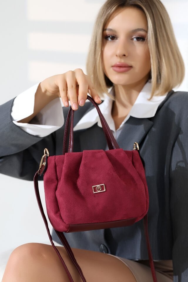 Nubuk Kadın Mini Çanta Çapraz Askılı Şık Model Bordo - Standart