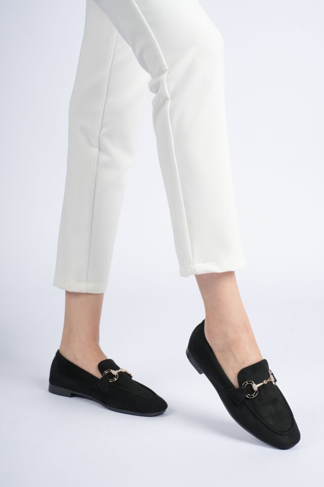 Kadın Süet Loafer Ayakkabı | Taş Detaylı Şık Model Siyah - 40